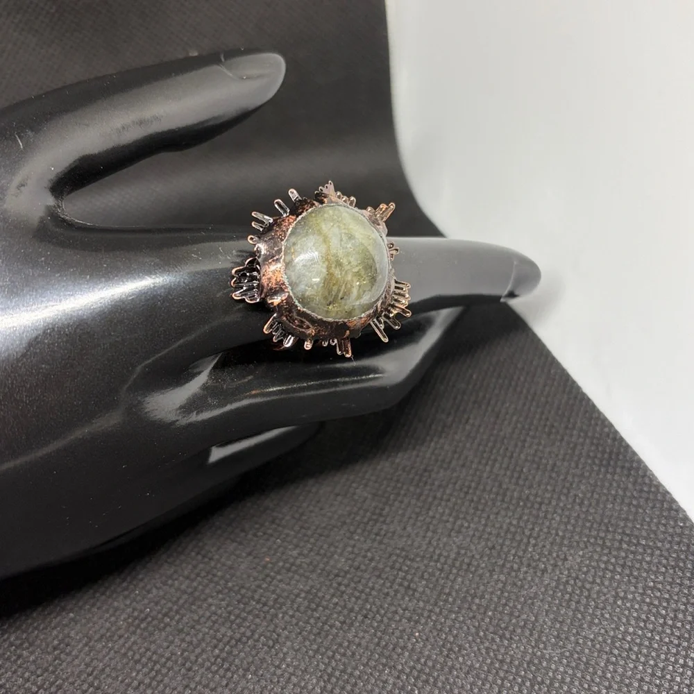 Large Genuine Labradite Sunburst Ring in Antique Brass Adjustable Band - Picture 9 of 10
